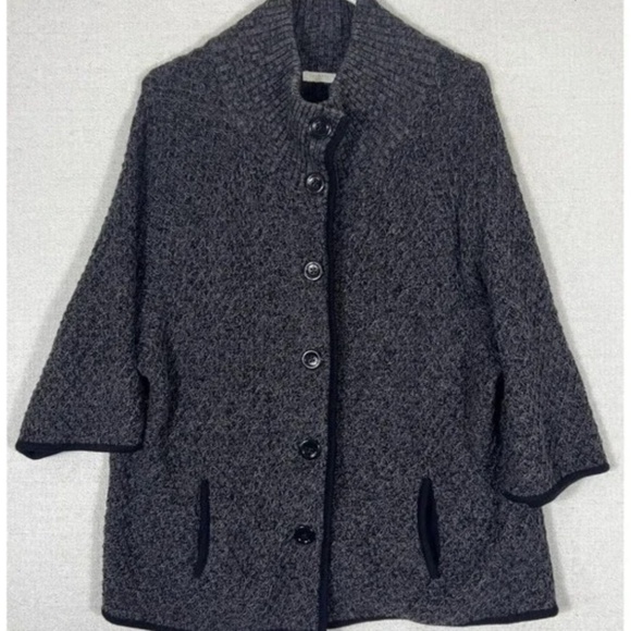 Talbots Button Up Cardigan Sweater Womens Gray Black Trim - Picture 1 of 8